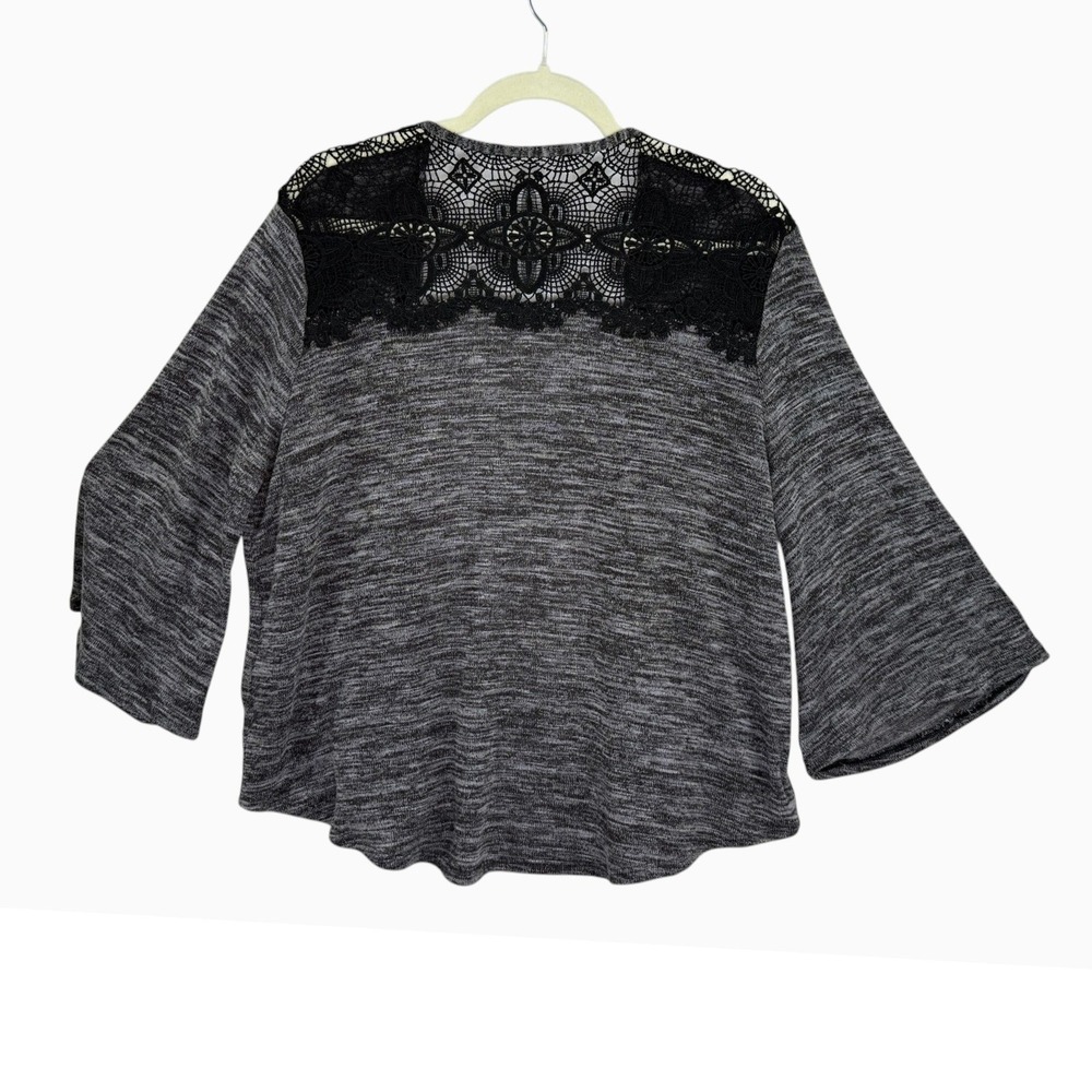 Time and Tru XL Gray Marled Cardigan Black Lace Bell Sleeve Open Front
